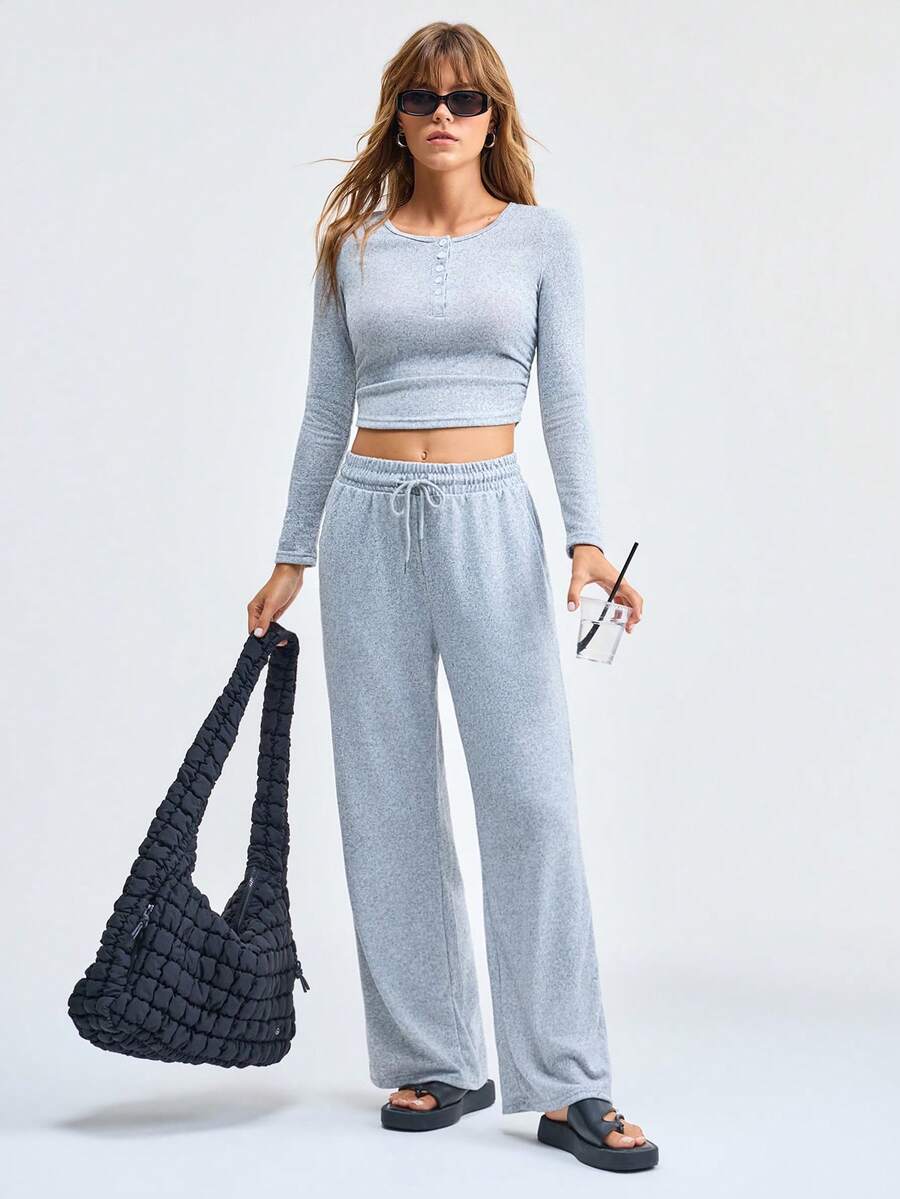Loungeista 2pcs Set Women Long Sleeve Solid Color Top And Pants Suit, Spring/Autumn/Winter, Two Pieces Set Outfit, Fall Clothesfor Summer - Grey - View 1
