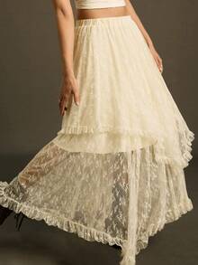 SoleilVie Váy dài ren trơn màu cổ điển Pháp với nhiều lớp bèo nhún bất đối xứng, kiệt tác lãng mạn và thanh lịch cho buổi đi chơi - Màu be - Xem 6