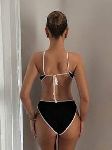 EgrlEra 女士黑白拼接交叉领紧身连体衣，夏季海滩度假 - 黑與白 - 查看 2