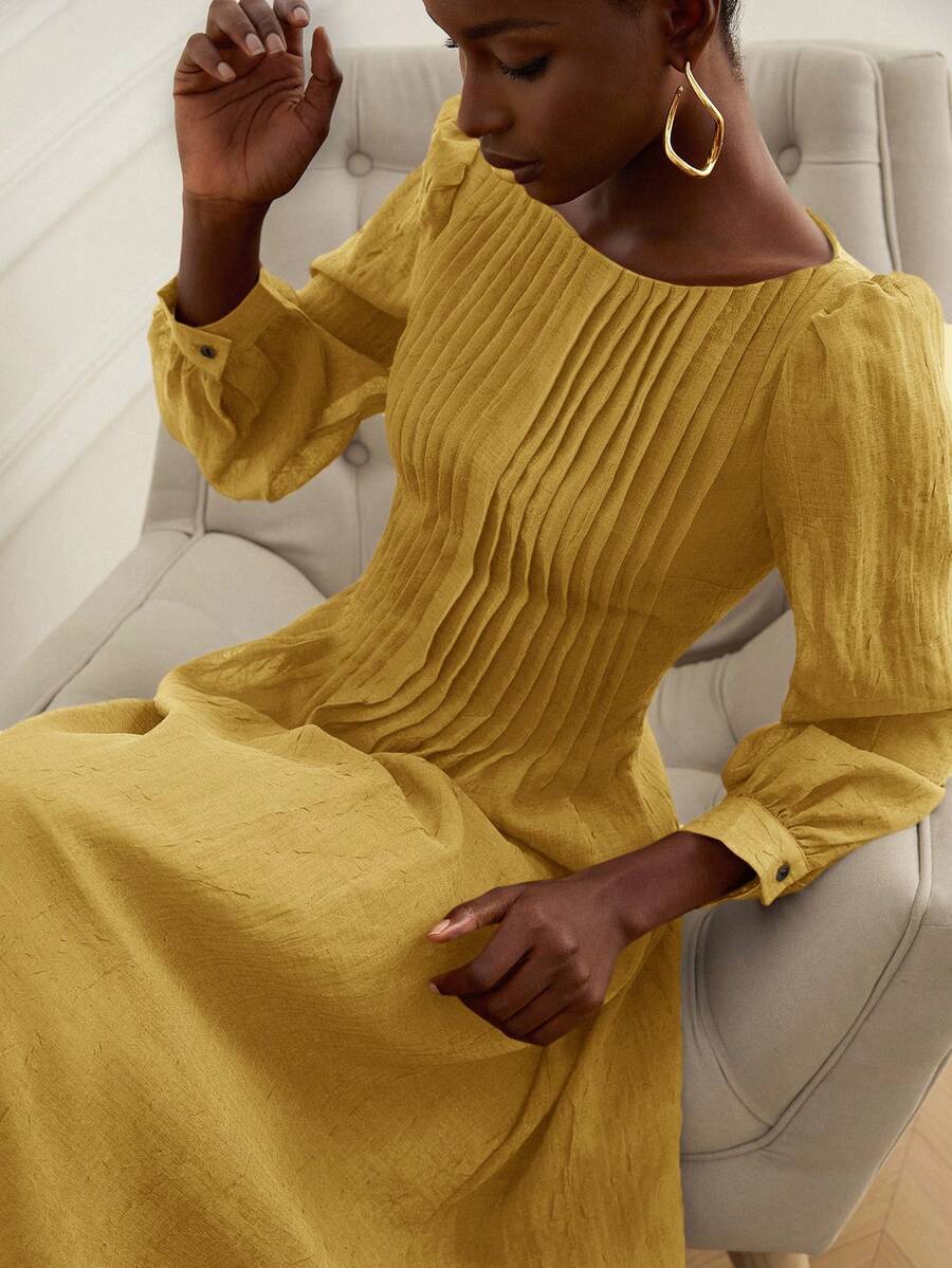 Chiquease Novo vestido romântico vintage para festa do chá, caimento solto e elegante, design franzido com ombros de fora, tecido transparente leve, mangas bufantes, cor sólida - Amarelo - Ver 1