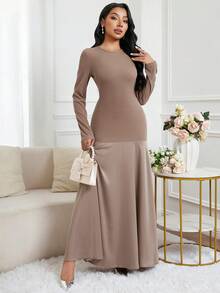 Veilorie Elegant Patchwork Design Mermaid Dress - Khaki - View 4