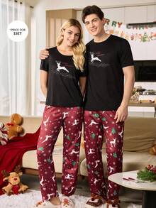 CoupledUp Christmas Reindeer, Christmas Tree & Snowflake Print Short Sleeve Pajama Set For Men - Multicolor - View 5