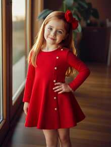 Emery Rose Kids 少女優雅紅白色珍珠鈕扣設計A字洋裝，長袖修身休閒圓領秋季派對洋裝，生日禮物首選 - 紅色 - 查看 4