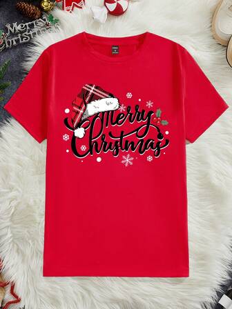 Manfinity RelaxMax Plus Size Men's Casual Christmas Santa Hat & Text Print Christmas Red T-Shirt, Couple Matching