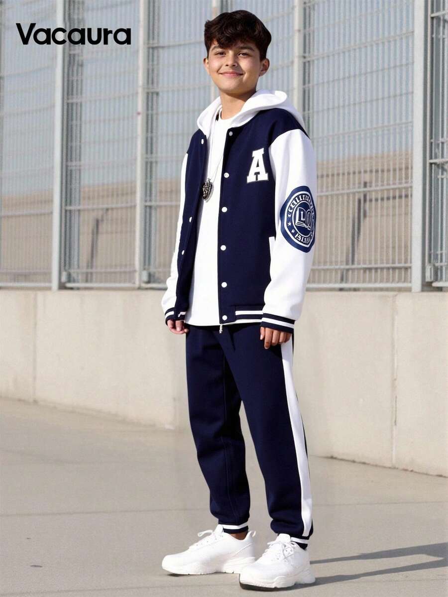 SHEIN Teen Boy American Collegiate Style Letter Graphic Hooded Sweatshirt & Patchwork Long Pants Set Chic Outfits For Autumn/Winter