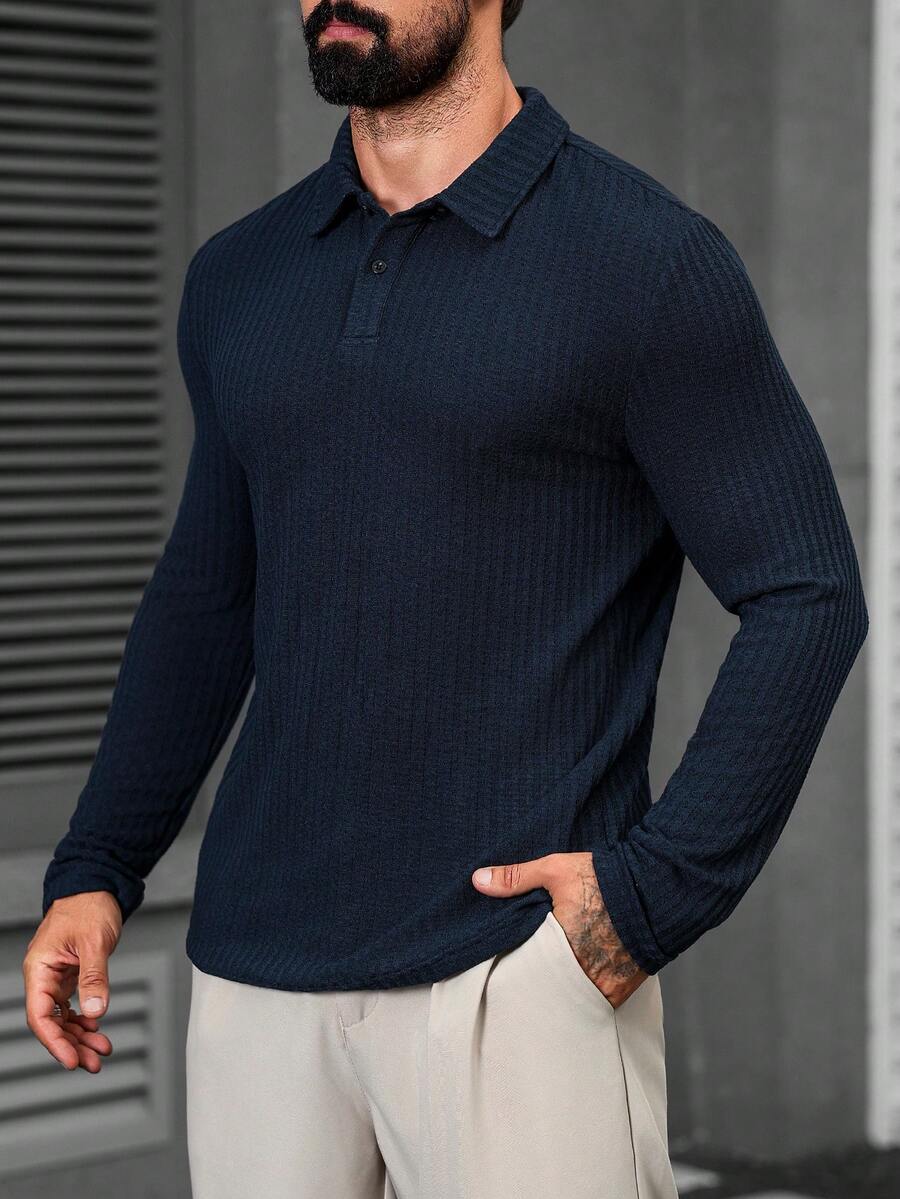 Manfinity Homme Men's Solid Color Ribbed Long Sleeve Polo Shirt,Navy Blue Autumn Casual Hiking Buttoned Knitted Tops - Blue - View 1
