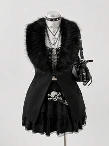 Sunspun Große Größen Damen Schwarze Kragen Ärmellose Kurze Jacke - Schwarz - Übersicht 5