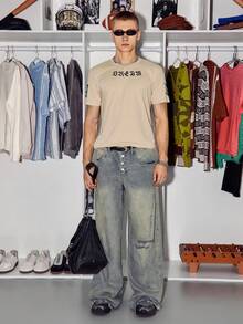 STEELVANCE Men's Drop Shoulder Round Neck Short Sleeve Casual Letter Print T-Shirt, Summer - Khaki - View 5