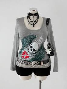 Sunspun Plus Size Vintage Punk Skull & Wing Print Long Sleeve T-Shirt, Autumn - Grey - View 5