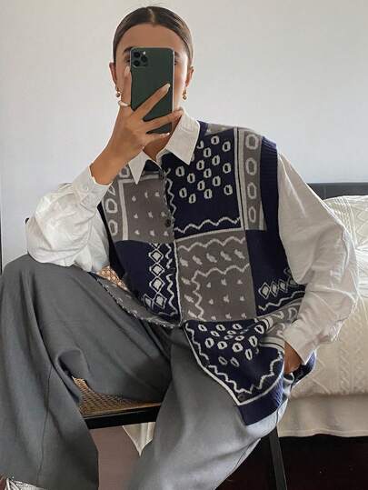 DAZY 复古花卉提花宽松无袖圆领前开式休闲街头风格女式毛衣背心，秋冬