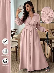 SHEIN LUNE Đầm sơ mi tay dài màu trơn thiết kế xoắn cỡ lớn cho nữ - Bụi hồng - Xem 1