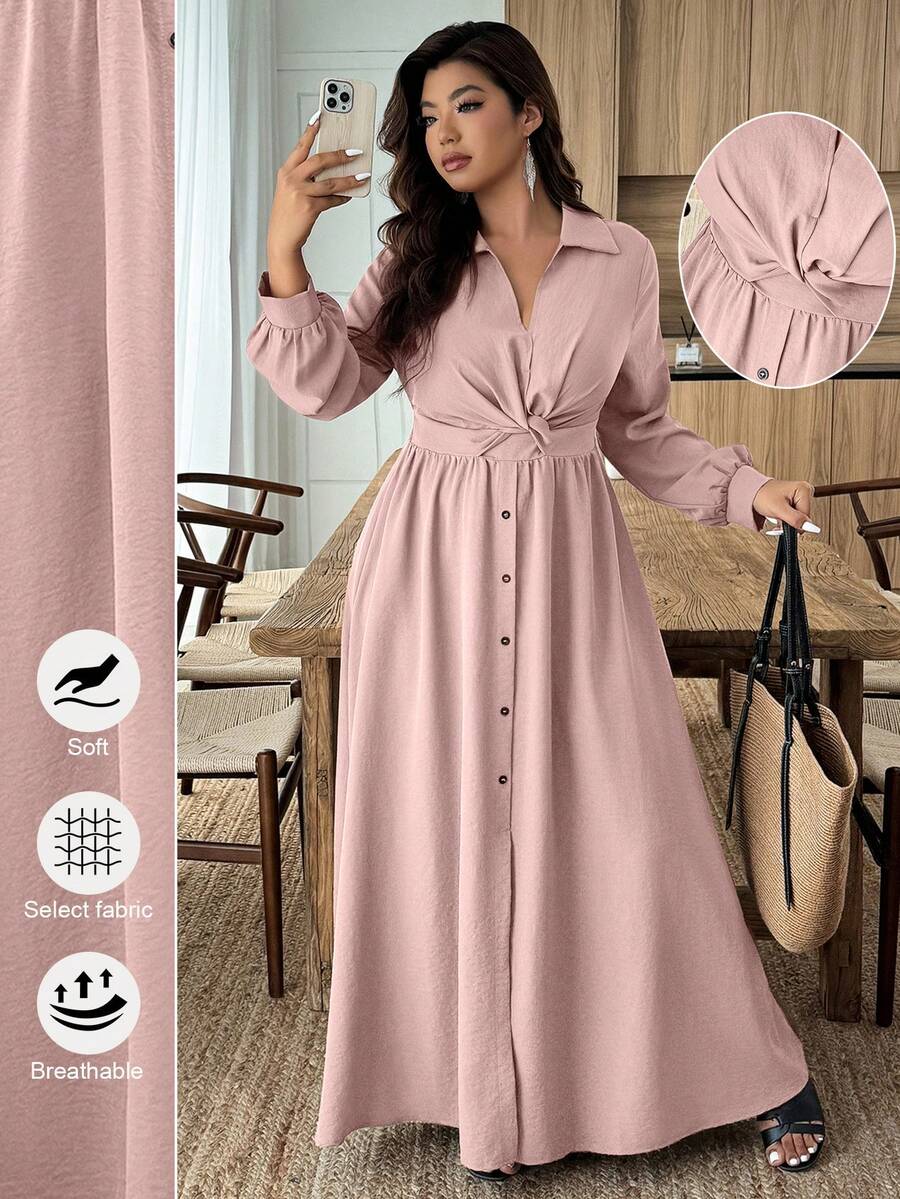 SHEIN LUNE Đầm sơ mi tay dài màu trơn thiết kế xoắn cỡ lớn cho nữ - Bụi hồng - Xem 1