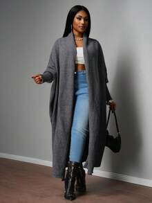 Slaydiva 2025 New Autumn/Winter Plus Size Women Collegiate/Business Casual Wear/Western Style Cardigan/Office Attire/Street Club Fashion/City Vacation/Graduation Date/Refined Elegant/Party/Independence Day/Casual Basic Outdoor Social Loose Gray Batwing Sleeve Cape-Style Mid-Length Knitted Cardigan Sweater Fashionable For Women - Black - View 6