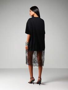MISSGUIDED Oversized T-Shirt Style Midi Dress With Sheer Lace Scalloped Hem Detail - Black - View 2