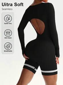 Dewbera 美式性感红色长袖白条纹拼布露背连体裤 - 黑色 - 查看 2