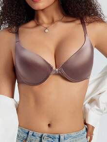 SHEIN 前开合亮面面料增强型胸罩 - 紫色 - 查看 4