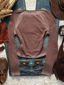 Easelle 女士圆领插肩袖字母刺绣扎染T恤 - 棕色 - 查看 10