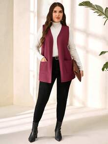 EMERY ROSE Plus Size Solid Color Sleeveless Loose Pocket Simple Casual Jacket,Spring/Summer,Summer,Vacation Woman / Vacation - Red - View 3