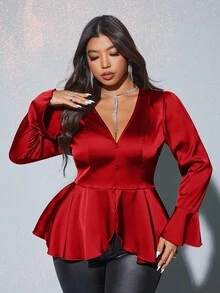 Viva Relle 秋季大码优雅性感荷叶边长袖衬衫 - 紅色 - 查看 1