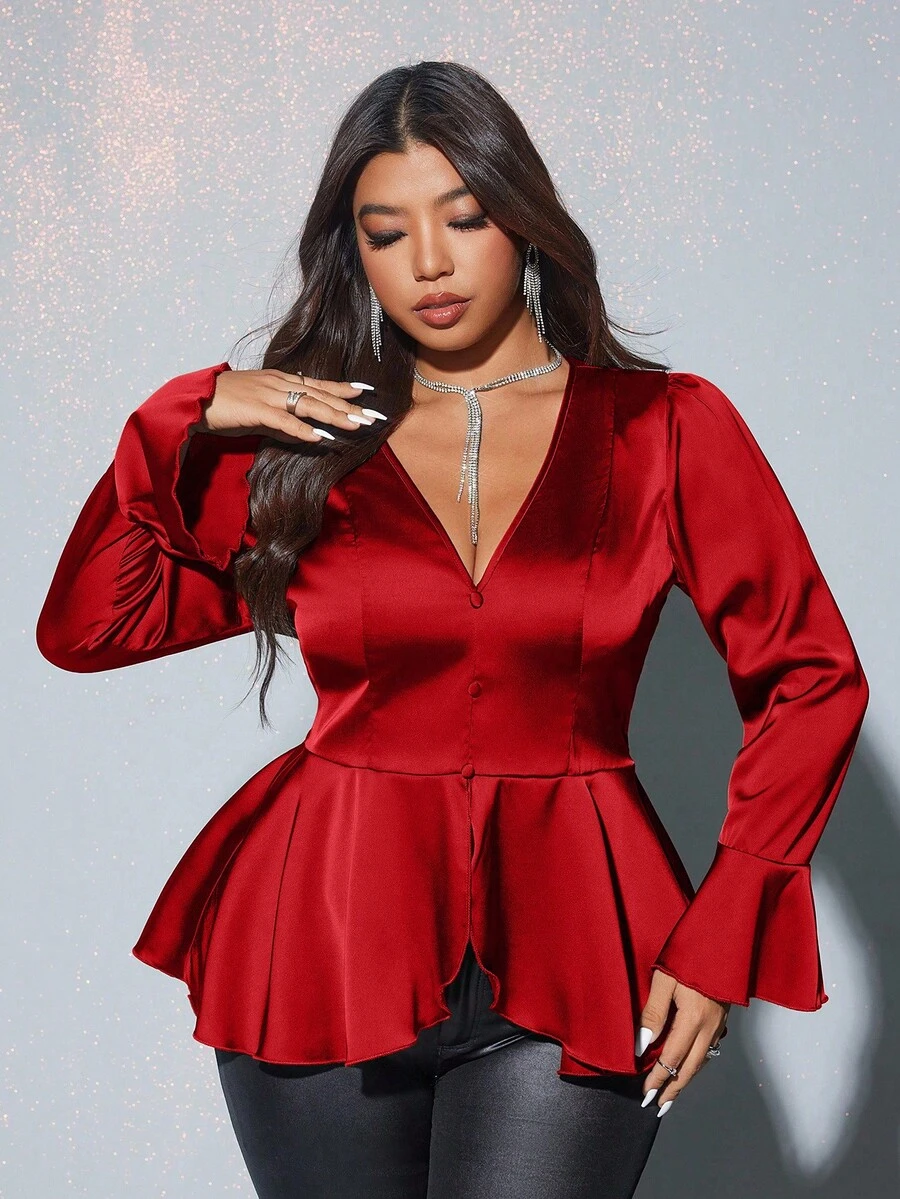 Viva Relle 秋季大码优雅性感荷叶边长袖衬衫 - 紅色 - 查看 1