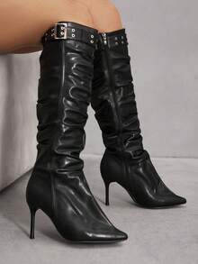 CUCCOO SZL Sepatu bot hak tinggi stiletto ujung runcing wanita, kulit PU hitam dengan hiasan tali lubang, desain berkerut, modis dan nyaman untuk sehari-hari, pesta, dan acara. - Hitam - View 10
