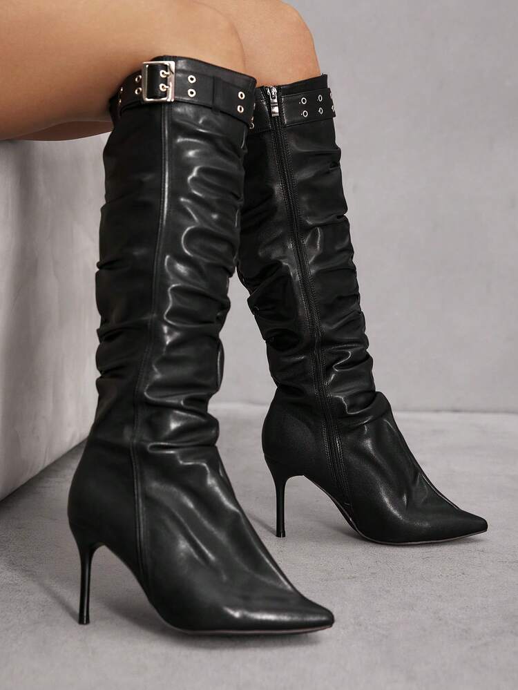 CUCCOO SZL Women's Pointed Toe Stiletto High Heel Boots, Black PU Leather With Eyelet Strap Decor, Wrinkle Design, Fashionable Comfortable For Daily, Party, Event