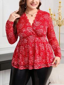 Reflora Vintage elegante Damen Bluse in Große Größen mit langen Ärmeln, rote Weihnachts-, Herbst- und Winterbluse für Neujahr und Thanksgiving - Rot - Übersicht 5