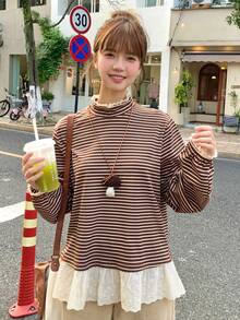 FRIFUL Women's Round Neck Loose Fit Striped Puff Sleeve Lace Patchwork Casual Long Sleeve T-Shirt