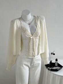 Elamini 女士休闲蕾丝拼布针织吊带背心，秋冬 - 白色 - 查看 4