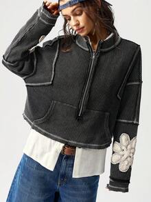 Bohemela 女士休闲纯色针织圆领长袖宽松水洗运动衫，适合秋季、万圣节、圣诞节、音乐节 - 黑色 - 查看 5