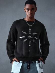 ROMWE MEN Street Life Men's Casual Distressed Crew Neck Drop Shoulder Long Sleeve Sweater, Autumn/Winter, Grunge Style - Black - View 3