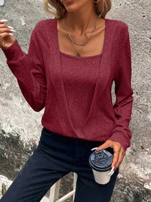 SHEIN Clasi Solid Square Neck Sweatshirt,Long Sleeve Top,Graduation,Teacher,Back To School In Fall/Winter - Redwood - View 7