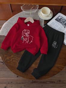 2 件套幼儿男童恐龙卡通图案印花红色连帽运动衫和黑色运动裤套装，舒适的日常基本款服装 - 彩色 - 查看 3