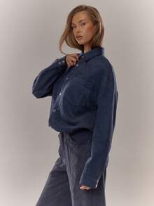 MUSERA Suede Drop Shoulder Seam Detail Popper Through Shirt Everyday Cosy Going Out Fall Autumn Winter Blue Elegant