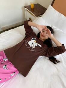 DAZY Cartoon Muster Locker Sitzende T-Shirt Top & Pyjama Hose 2 Stücke Schlafanzug Set für Frauen