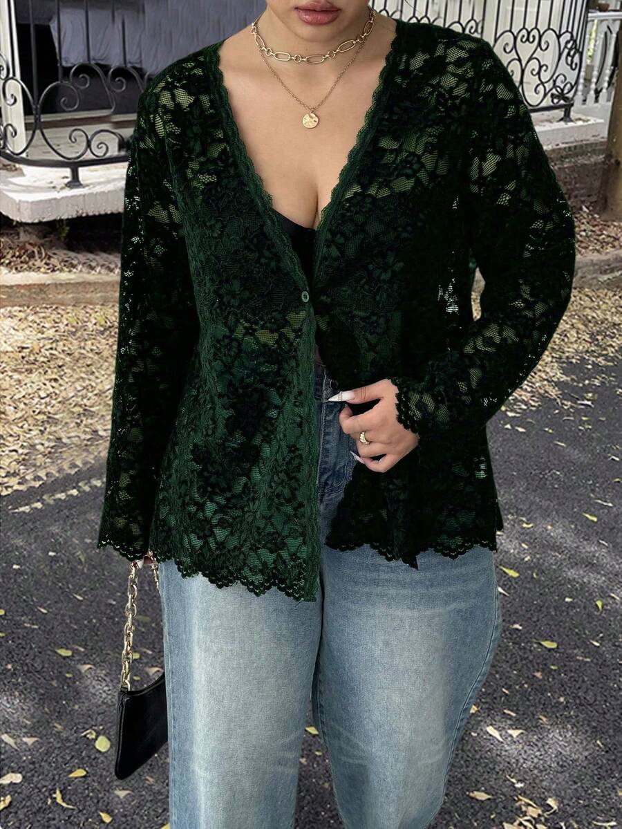 Calvaya Plus Size New Arrival High-End Sweet & Spicy Hollow-Out Lace Blouse - Dark Green - View 1