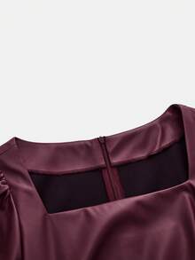 Heiryn 女士时尚优雅 PU 皮革方领中长连衣裙 - 紅木色 - 查看 11