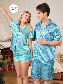 SHEIN 人造丝绸圣诞主题男士睡衣套装 - 彩色 - 查看 6