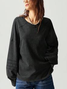 Bohemela Áo nỉ tay raglan rộng rãi, thường ngày cỡ lớn dành cho nữ, mùa thu - màu đen - Xem 6