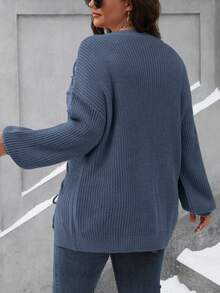 SHEIN LUNE 大码女式圆领落肩长袖宽松休闲毛衣，秋冬 - 淺藍色 - 查看 2