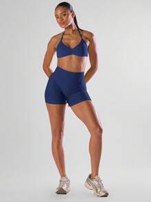 Musera Sport 纯色褶皱露背吊带运动文胸，舒适透气，适合健身房、跑步、俱乐部、板式网球、网球、匹克球、瑜伽、普拉提、日常休闲等运动。 - 藏蓝色 - 查看 3