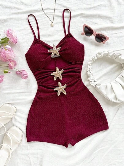 Soleia Women's Metallic Starfish Decor Hollow Out Sexy Camisole Romper, Suitable For Party & Home Wear Burgundy Holiday