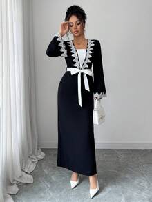 Elenzga 女式优雅修身 V 领喇叭袖腰部收紧直下摆拼色荷叶边连衣裙，适合秋冬季休闲、约会、办公室穿着 - 黑色 - 查看 6