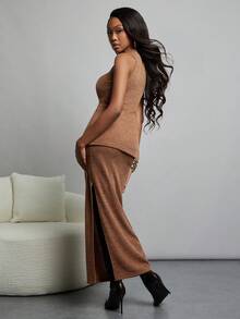 NYA SZN Matching Set (Top/Skirt) Top Mock Neck Tank Fitted Skirt High Rise Bodycon Side Slit Maxi Length Ribbed Knit Knitwear Special Occasion Event Brunch Date Night Out Concert Festival Ibiza Holiday Gyaru Fall Winter Statement Valentines Day Carnival Outfits For Women - Brown - View 2