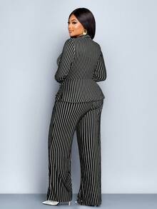 SOLERSUN Bộ đồ hai mảnh cổ chữ V kẻ sọc thanh lịch cỡ lớn dành cho nữ mùa thu đông, trang phục hai mảnh có viền bất đối xứng, trang phục thường ngày, quần áo mùa đông cho nữ, vải quấn, xoắn, cạp chun, vải dệt jacquard sọc đen trắng, trang phục thường ngày, đi làm, mua sắm - Đen và trắng - Xem 2