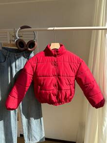 SHEIN 1pc Tween Girl Minimalist Solid Color Stand Collar Short Padded Coat, Winter - Burgundy - View 7