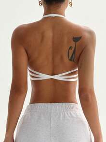 Dewbera Women's Sports Bra With Front Ruched Halter Neck, Removable Padded Criss-Cross Straps, Suitable For Daily Casual Wear, Tennis, Yoga, Gym And More - White - View 4