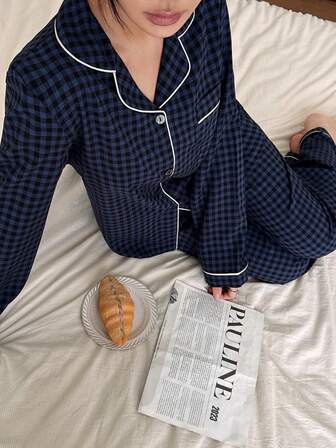 泡泡纹理格子领上衣和裤子睡衣套装 秋冬服装