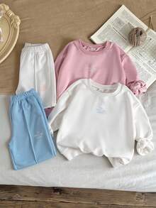 SHEIN 2pcs/Set Young Girl Fashion Minimalist Sweatshirt Set, Letter Embroidered Crew Neck Long Sleeve Sweatshirt And Sweatpants Set - Multicolor - View 1
