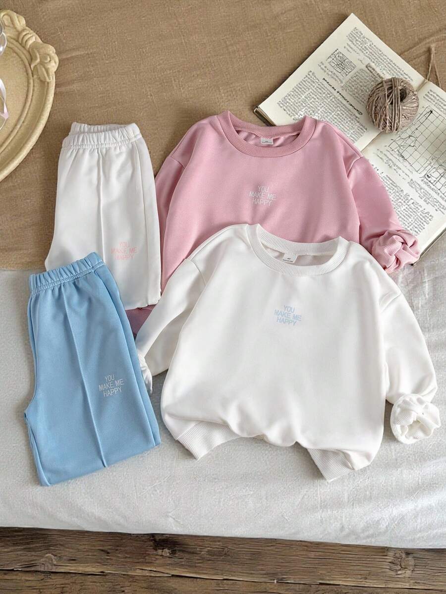 SHEIN 2pcs/Set Young Girl Fashion Minimalist Sweatshirt Set, Letter Embroidered Crew Neck Long Sleeve Sweatshirt And Sweatpants Set - Multicolor - View 1